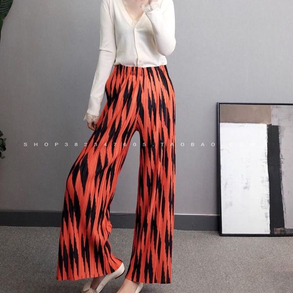 

dresses miyake stripe print pleated casual straight wide leg pants, White