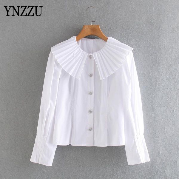 

casual pleated collar ruched white blouse women 2021 autumn cotton single breasted slim female long sleeve chic ynzzu yt928 women's bl