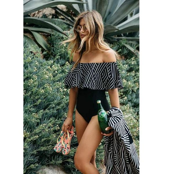 

one-piece suits swim suit off -shoulder swimsuit one piece swimwear women padded ruffle swimming shoulder bathing surfing beach