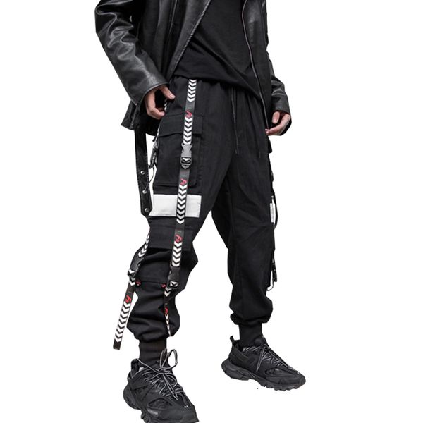 

autumn men streetwear black joggers ribbons pockets cargo harem male hip hop pants cotton abz543