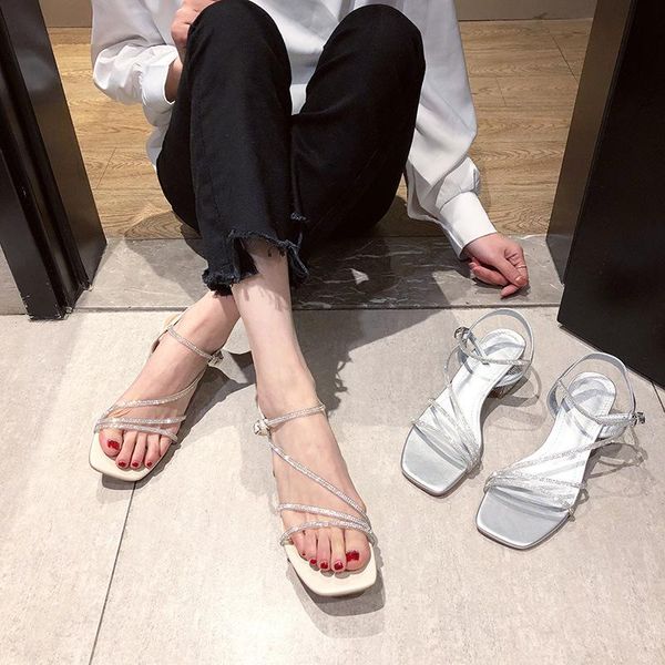 

elegant rhinestone narrow band sandals women open toe studs thick med high heels flip flops square silver gladiator sandalen, Black