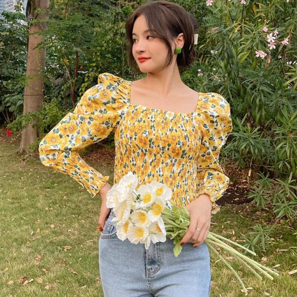 

women's blouses & shirts women long sleeve blouse sweet girls floral print square collar puff female, White