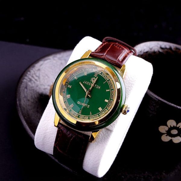 

wristwatches man gems watch gift couple watches antique jade men classic genuine leather band quartz wristwatch, Slivery;brown