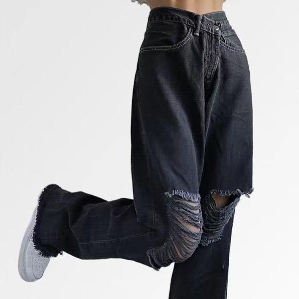 

women's jeans women streetwear black y2k hole ripped woman straight loose denim pants casual trousers boyfriend style baggy, Blue