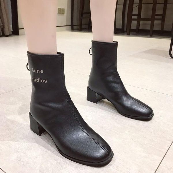 

boots 2021 autumn winter korean fashion leather square high heels zipper ankle for women shoes woman plus size, Black