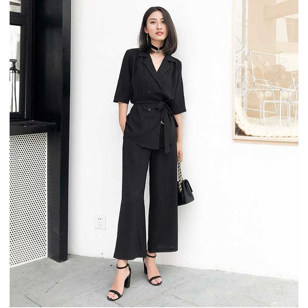 

woman chffion pant suits office lady sets ol workwear double breasted belted black blazer jacket & trousers 2 piece set female 210608, White