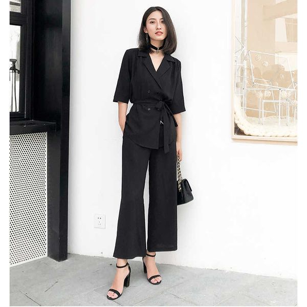 Donna Chffion Pantalone Completi Office Lady Set OL Abbigliamento da lavoro Doppiopetto con cintura Blazer nero Giacca Pantaloni Set 2 pezzi Donna 210608