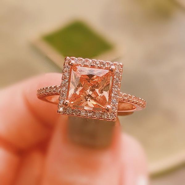 

cluster rings fashion ol champagne square diamond ring luxury rose gold inlaid zircon noble elegant lady manufacturers wholesale, Golden;silver