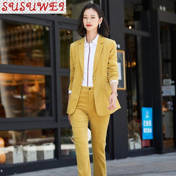 

business wear women's suit pants two-piece autumn and winter elegant casual corduroy ladies office jacket trousers two piece, White