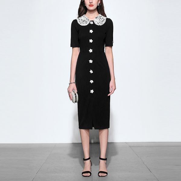 

runway designer peter pearl button split bodycon dress fall women vintage short sleeve lace lapel collar midi party dresses 210416, Black;gray
