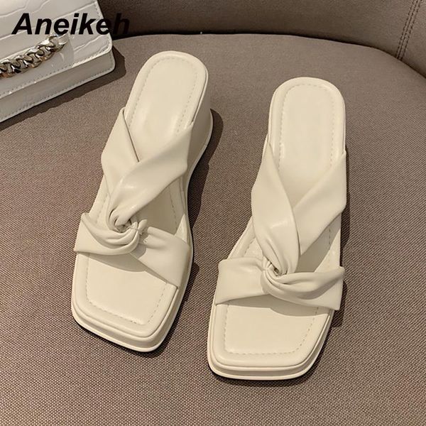 

slippers aneikeh summer zapatos mujer solid pu pleated wedges square toe outside fashion party 2021 simple and generous, Black