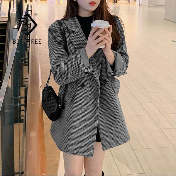 

autumn winter retro houndstooth woolen blazer jackets for women double breasted belted slim female outwear s0d08c 210416, White;black