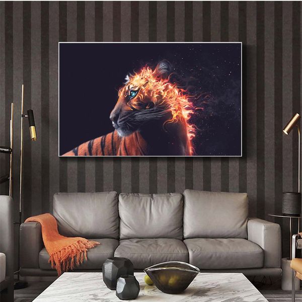 

canvas painting tiger fire posters and prints animal pictures wall art for living room modern home decoration