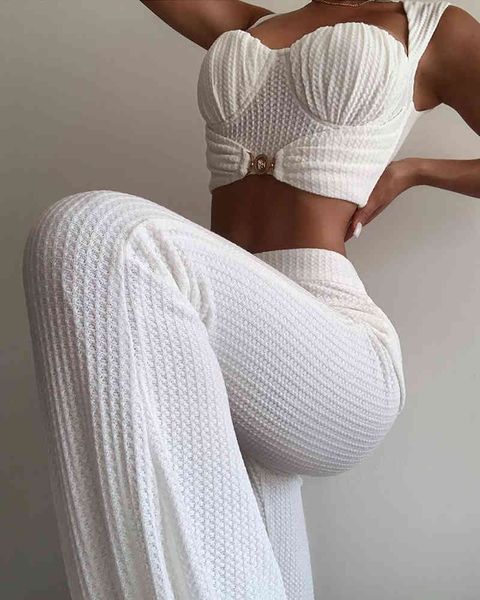 2020 Summer Chic Women Fashion Elegant Casual Low Cut Sexy Solid Top 2 PCS Ruched Crop Top & High Waist Long Pants Set X0428