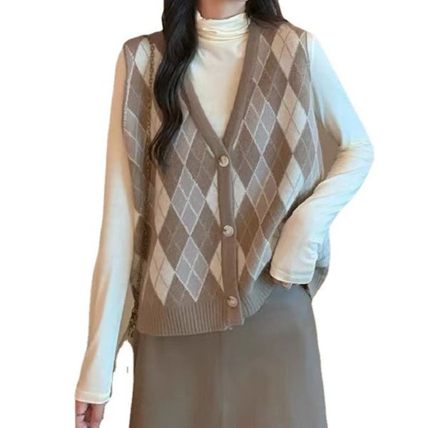 

women's cardigan plaid collarless knit vest rhombus v-neck vests waistcoat and waistcoat coat sleeveless, White