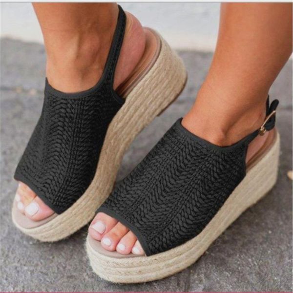 

cane peep toe wedges rome gladiator women sandals med big size solid boho shoes t-strap elegant casual summer, Black