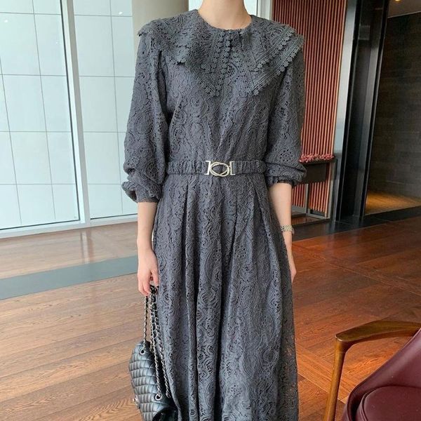 

casual dresses 2021 autumn japanese style dress solid color lace flower belt long sleeve lotus leaf collar fashion women's clothing, Black;gray