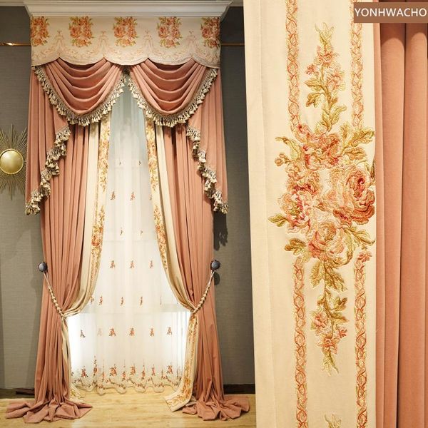 

custom curtain french luxury flannel thick pink embroidered living room velvet cloth blackout valance tulle panel c607 & drapes