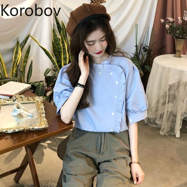 

women's blouses & shirts korobov arrival women vintage preppy style puff sleeve female elegant ruffles single breasted blusas mujer, White
