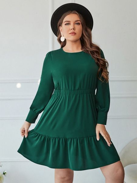 

plus puff sleeve ruffle hem dress 05sj#, Black