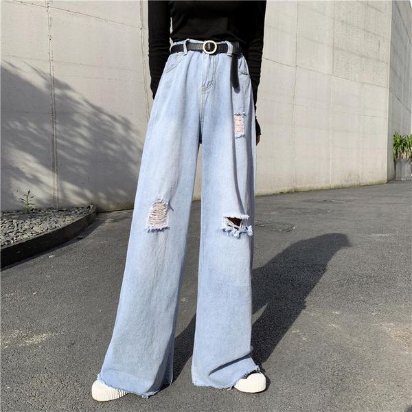 

women's jeans women high waist hole 2021 spring summer harajuku denim pants female office lady loose trousers solid slim wide leg, Blue