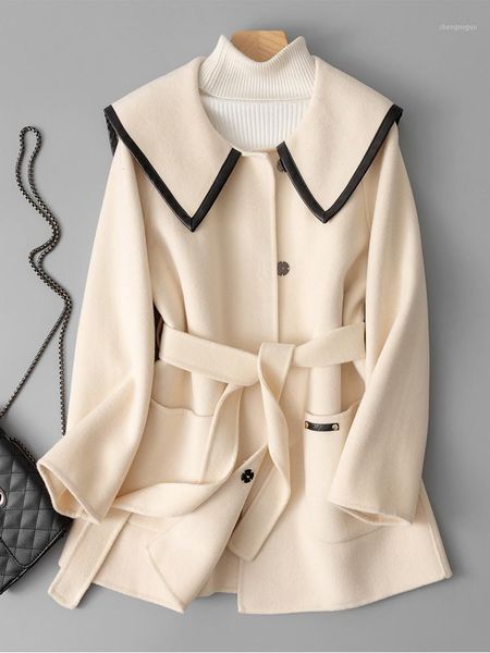 

high end double faced cashmere overcoat women's small short 2021 autumn and winter navy collar waist woolen jacket wool & blends, Black