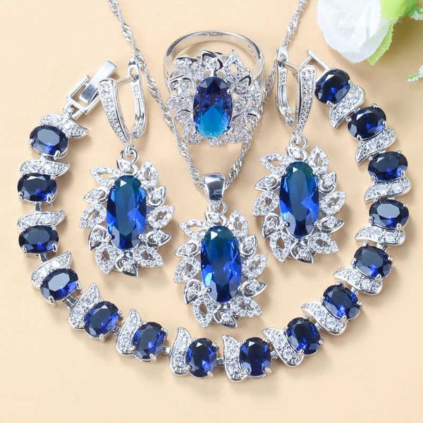 

bridal costume jewelry sets with natural stone cz blue dangle earrings bracelet and ring for women jewelry h1022, Silver