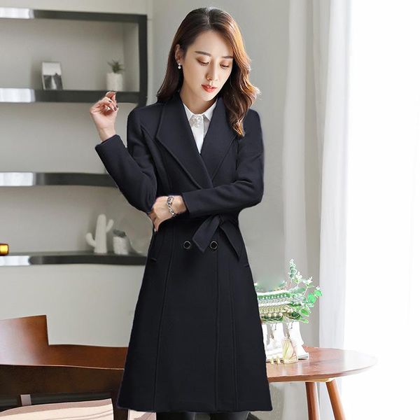 

women's trench coats black coat casual long outerwear loose clothes for lady with belt winter fashion navy blue, Tan;black