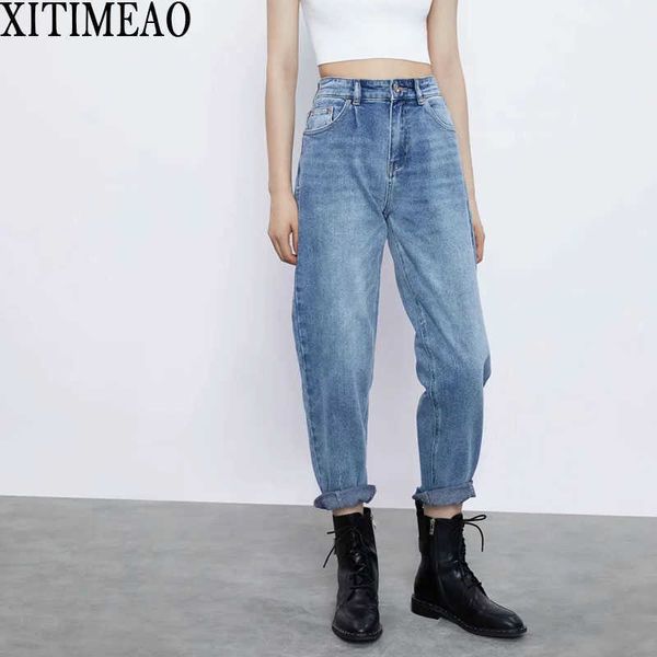 

za vintage high waist straight jeans pant women streetwear loose female denim buttons zipper ladies 210604, Blue