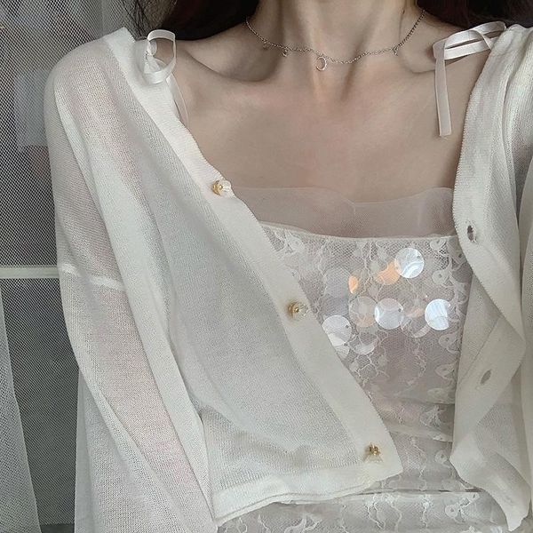 

women's knits & tees cardigan long sleeve loose button thin gauze ice silk short sunscreen shawl small wholesale female clothes, White