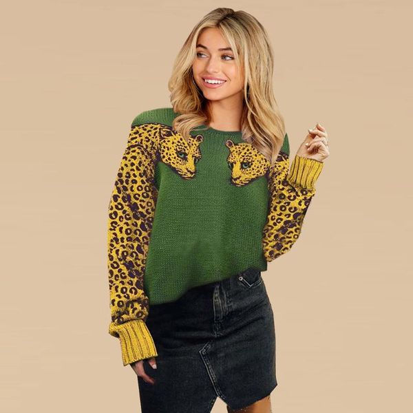 

women's sweaters 2021 autumn winter o-neck leopard long-sleeved sweater animal pullover knitting shirt spring casual, White;black