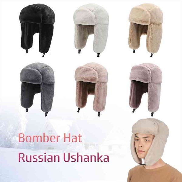 

1pc russian ushanka winter bomber fur hat trapper women men thick plush windproof earflap bonnet snow caps winter hat, Blue;gray