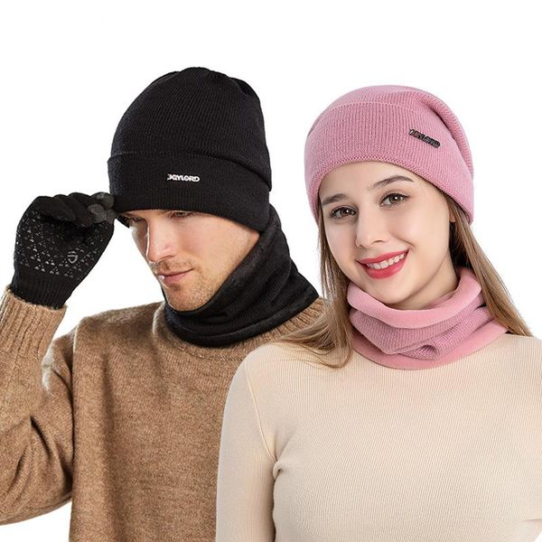 

europe and america plus velvet warm knitted woolen hat autumn winter gloves bib scarf couple women man cap cycling caps & masks, Black