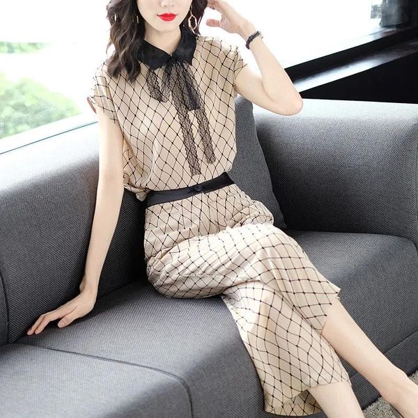 

women's summer fashion plaid printed chiffon shirt high-waisted wide-leg pants two-piece suits/sets female two piece, White