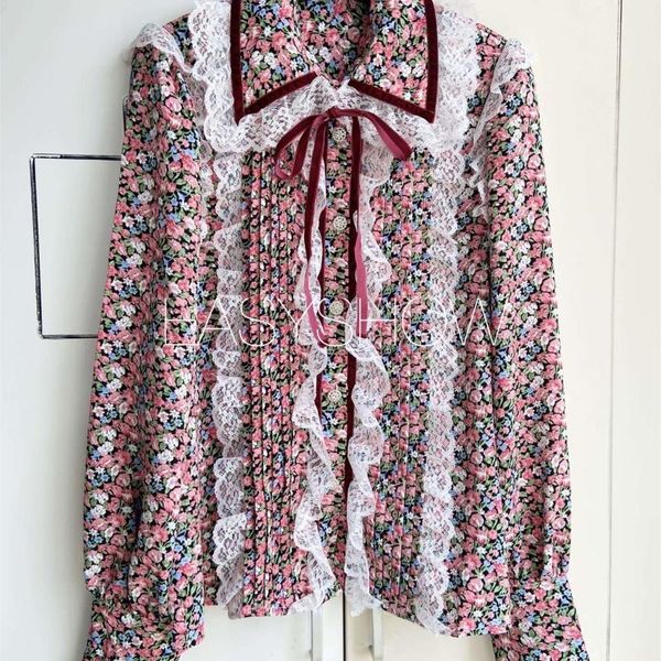 

women's t-shirt ly211 sweet baby collar long sleeve single breasted shirt springautumn style temperament bubble lace up, White