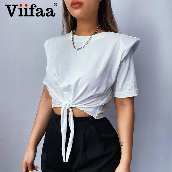 

viifaa white solid casual women cropped t shirt shoulder pad knot front elegant short sleeve fashion clothes teehigh quality, Black;gray