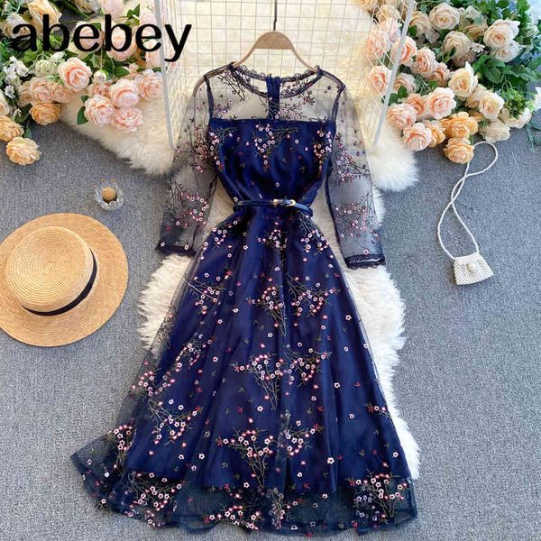 

women mesh embroidery dress korean o neck long sleeve a-line spring elegant party 210512, Black;gray