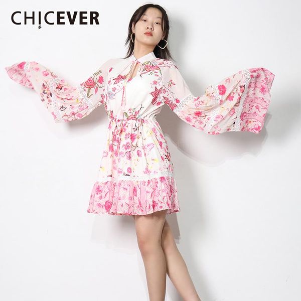 

casual dresses chicever print hollow out autumn dress for women v neck bell long sleeve high waist hit color female fashion clothes, Black;gray