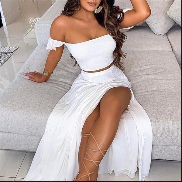 

wjfzqm autumm split off women dress shoulder two piece set drees sleeveless backless long dresses white maxi party elegant