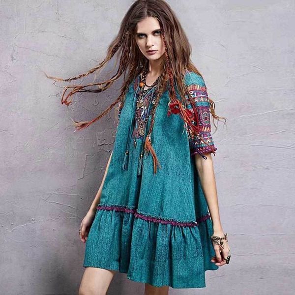 

inspired gypsy women dress v-neck embroidery mini summer dresses pleated short sleeve ukraine chic dress vestido 210412, Black;gray