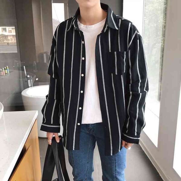 

men's casual shirts spring fashion vertical stripe clothes loose long sleeves coats clothing brand slim french cuff -2xl 683l, White;black