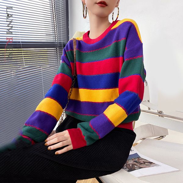 

spring rainbow long-sleeved contrast color stripe loose korean style round-neck fashion sweater for women 2a3158 210507, White;black