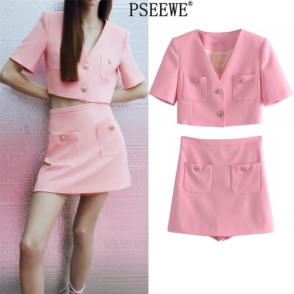 

women sets 2 pcs pink short sleeve cropped blazer suits with shorts office elegant summer high waist mini skort 210519, White