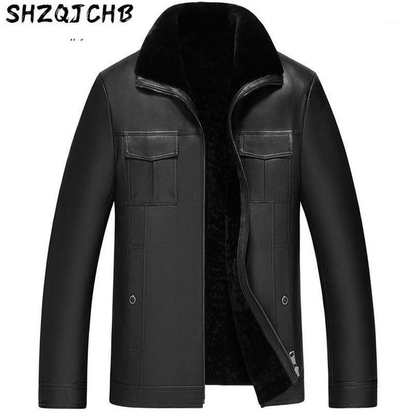 

men's leather & faux shzq fur integrated coat short lapel sheep jacket thick, Black