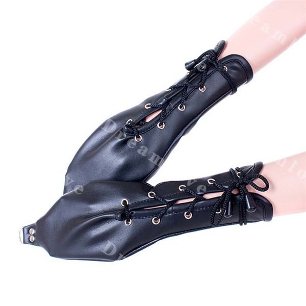 Weibliche Bondage-Handschuhe Fausthandschuhe Pony Play PU-Leder-Suspension-Fäustlinge mit starker Schnürung und Metall-D-Ring Y0406