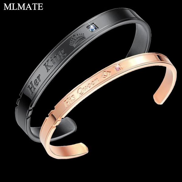 

cuff her king his queen black rose gold silver color adjustable bangles stainless steel crystal crown charm couple bracelets, White