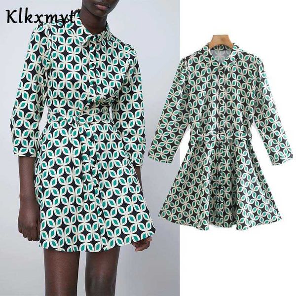 

klkxmyt za summer dress women fashion with belt printed vintage three quarter sleeve lapel mini woman casual es 210527, Black;gray