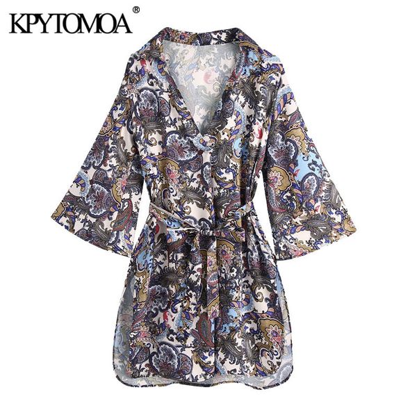 

women chic fashion with belt paisley print mini dress vintage three quarter sleeve side vents female dresses mujer 210416, Black;gray