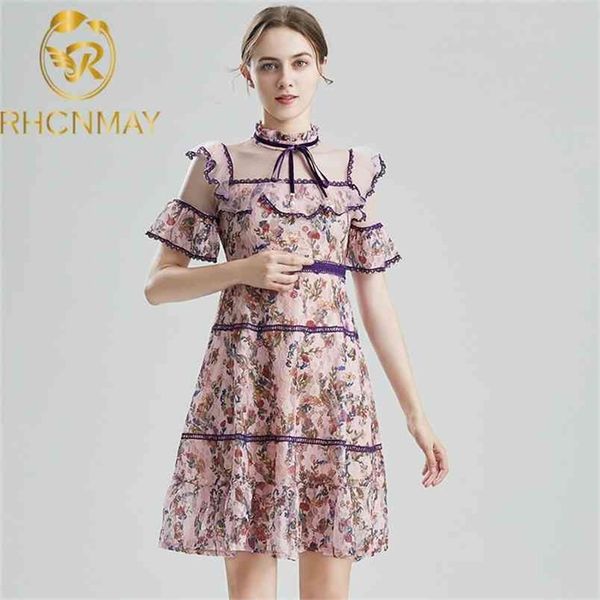 

runway summer fashion vintage short dress women lace flare sleeve patchwork ruffles mesh gorgeous floral print party dresses 210506, Black;gray