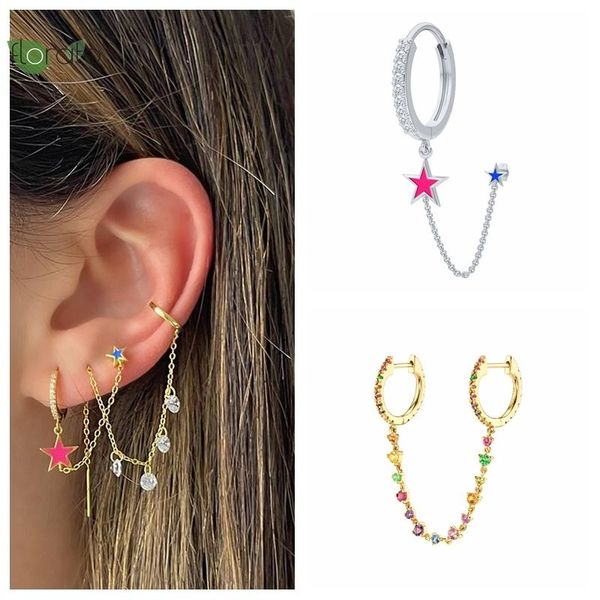 

hoop & huggie 1pc 925 sterling silver chain earrings with stud for women luxury crystal zircon 2021 trend exquisite jewelry gift, Golden;silver